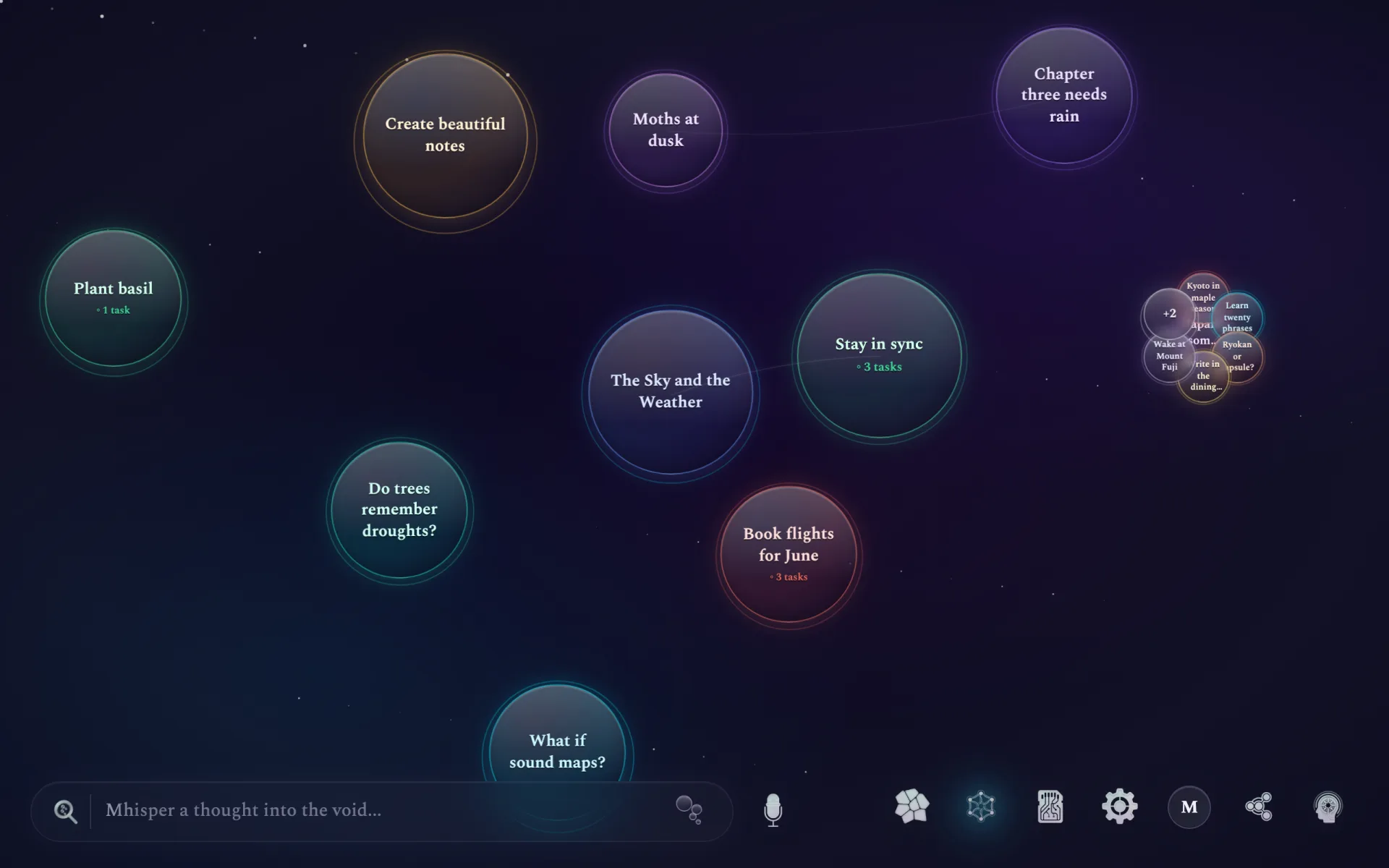The Mhisper canvas on a laptop — colorful thought bubbles drifting on a dark starfield