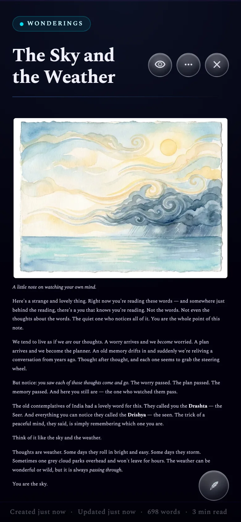A note open on a phone — the same watercolour and essay, typeset for a small screen