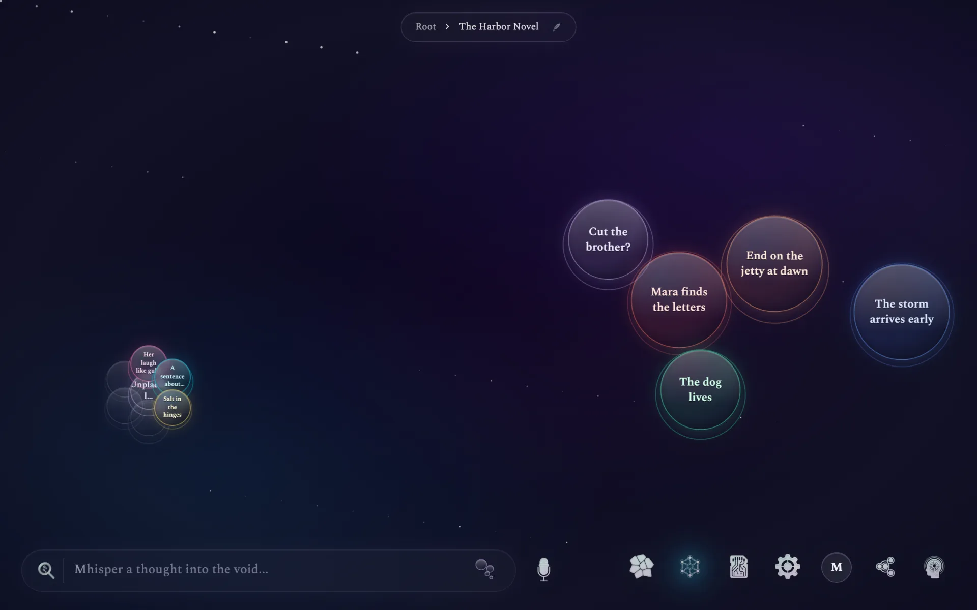 Inside The Harbor Novel cluster — scene cards like 'The storm arrives early' and 'Cut the brother?' spread between draft and maybe, with an Unplaced lines cluster tucked in the corner