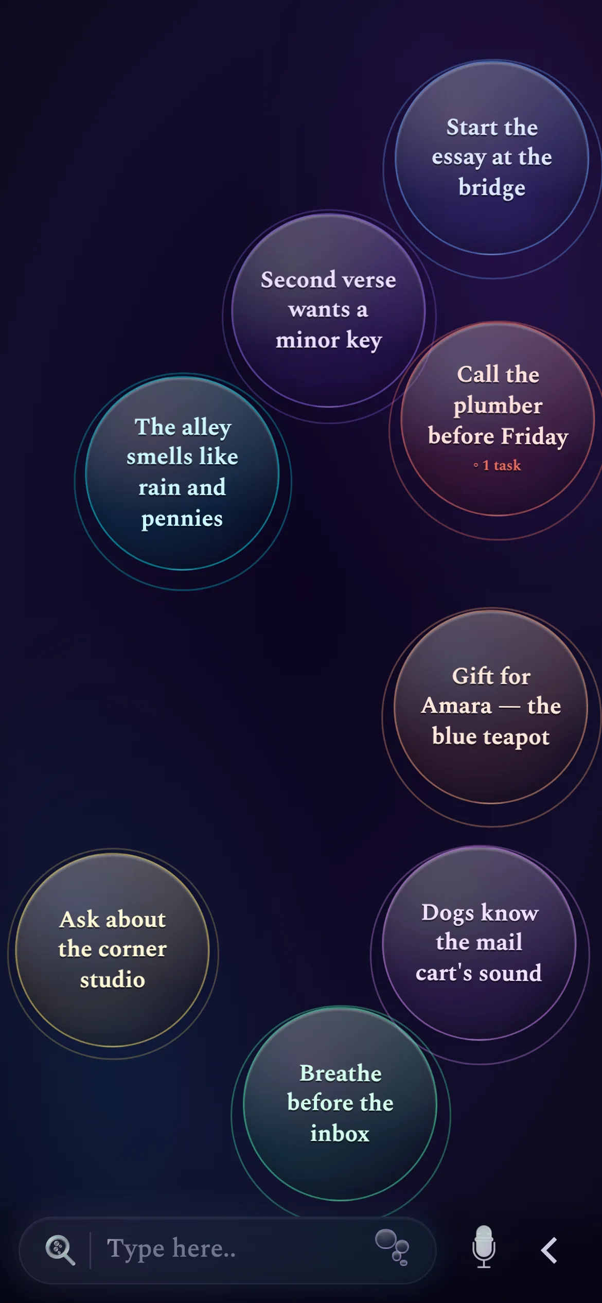 A walk's thoughts on a phone canvas — the essay's opening at the bridge, a plumber to call, a gift for Amara, the smell of an alley