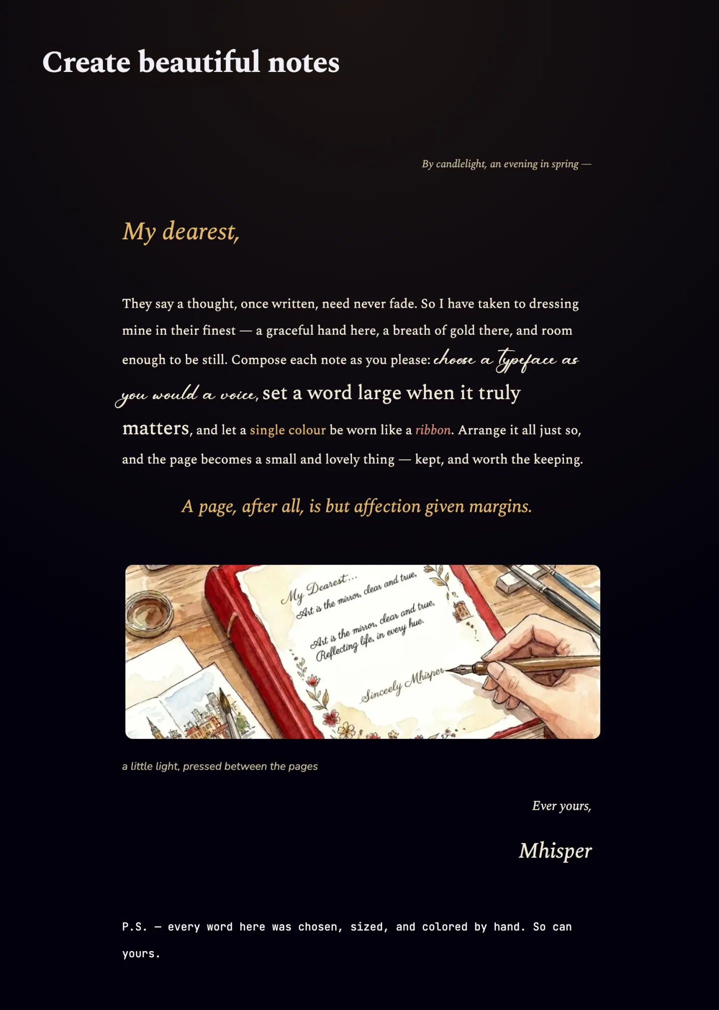A complete Mhisper note styled as a candlelit letter — gold script salutation, mixed typefaces, a watercolour of a red journal, and a typewritten postscript